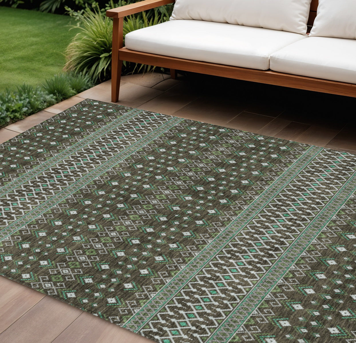 8' X 10' Brown Green And Olive Green Tribal Washable Indoor Outdoor Area Rug