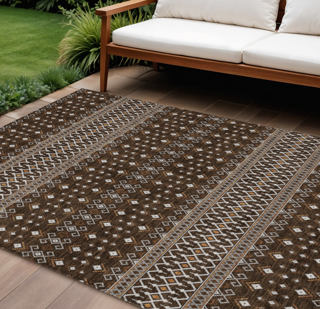 9' X 12' Chocolate Taupe And Copper Tribal Washable Indoor Outdoor Area Rug