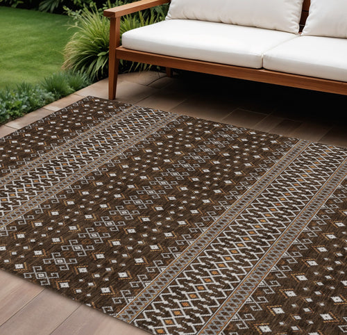 10' X 14' Chocolate Taupe And Copper Tribal Washable Indoor Outdoor Area Rug