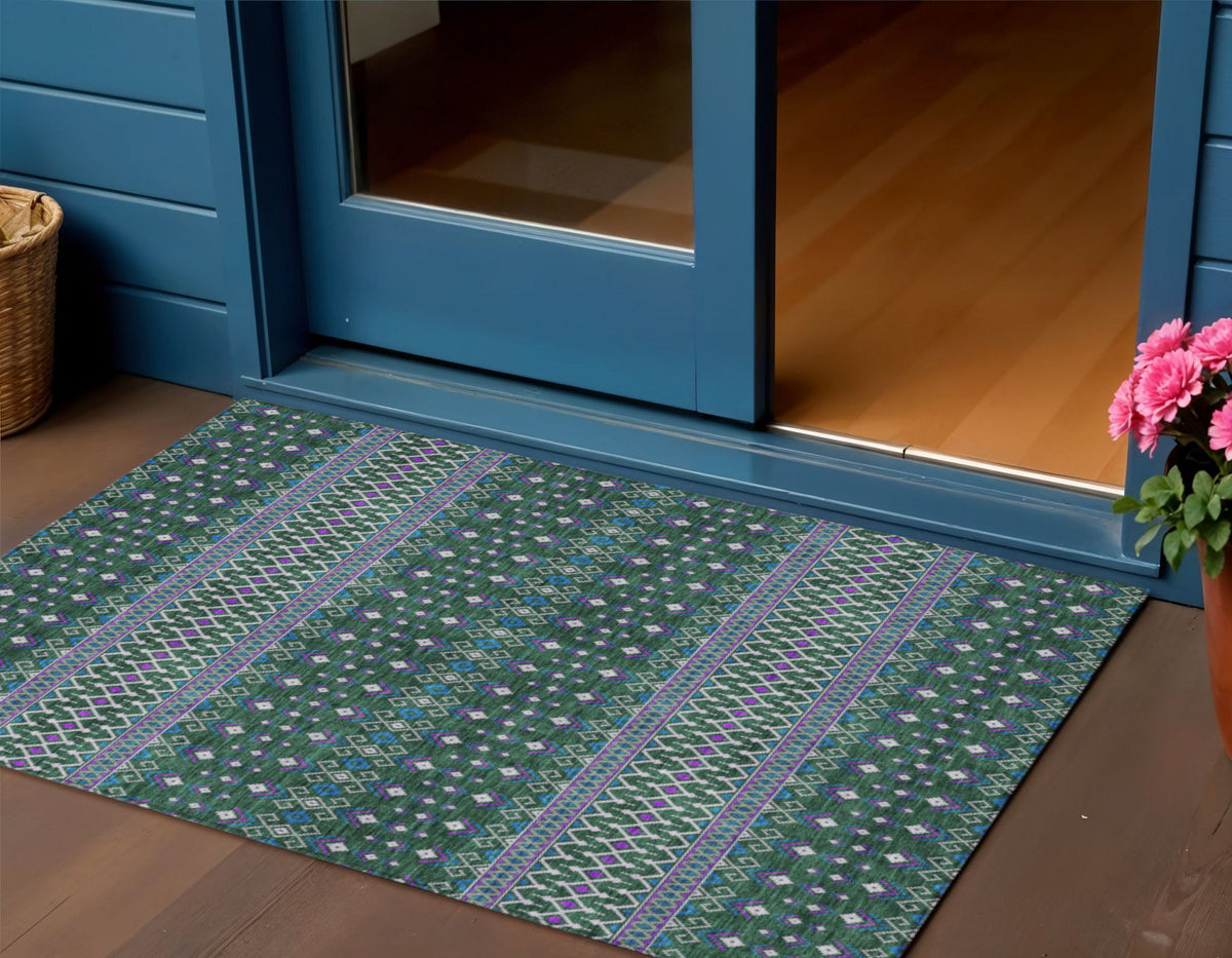 3' X 5' Green Blue And Purple Tribal Washable Indoor Outdoor Area Rug