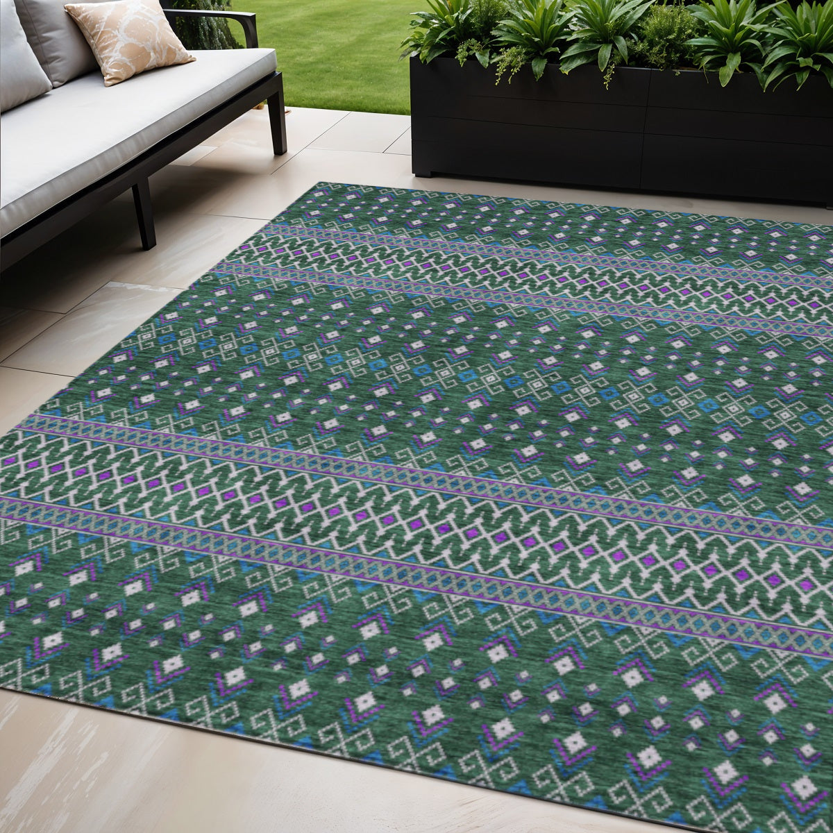 5' X 8' Green Blue And Purple Tribal Washable Indoor Outdoor Area Rug