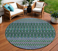 8' Green Blue And Purple Round Tribal Washable Indoor Outdoor Area Rug