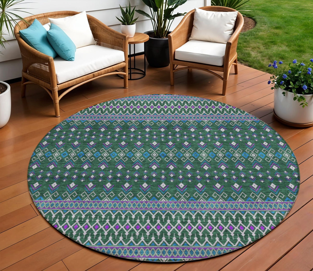 8' Green Blue And Purple Round Tribal Washable Indoor Outdoor Area Rug