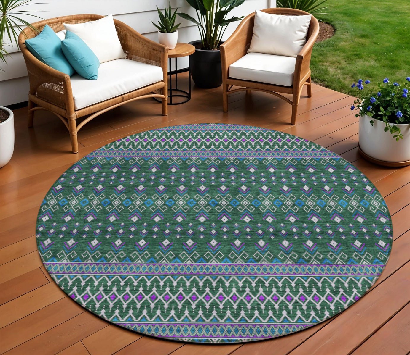 8' Green Blue And Purple Round Tribal Washable Indoor Outdoor Area Rug