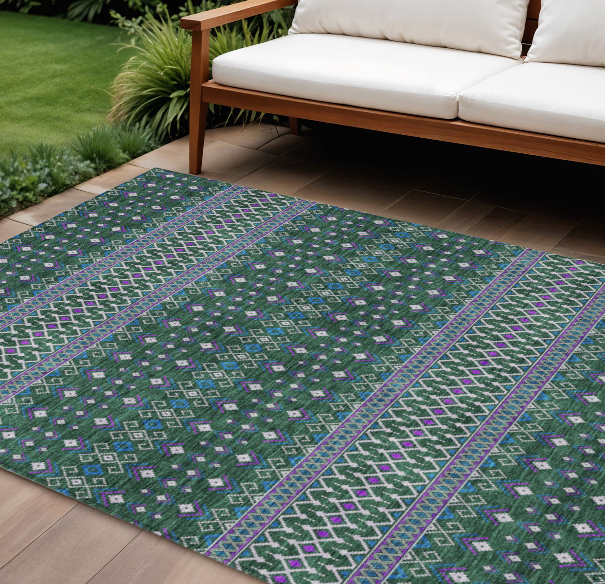 9' X 12' Green Blue And Purple Tribal Washable Indoor Outdoor Area Rug