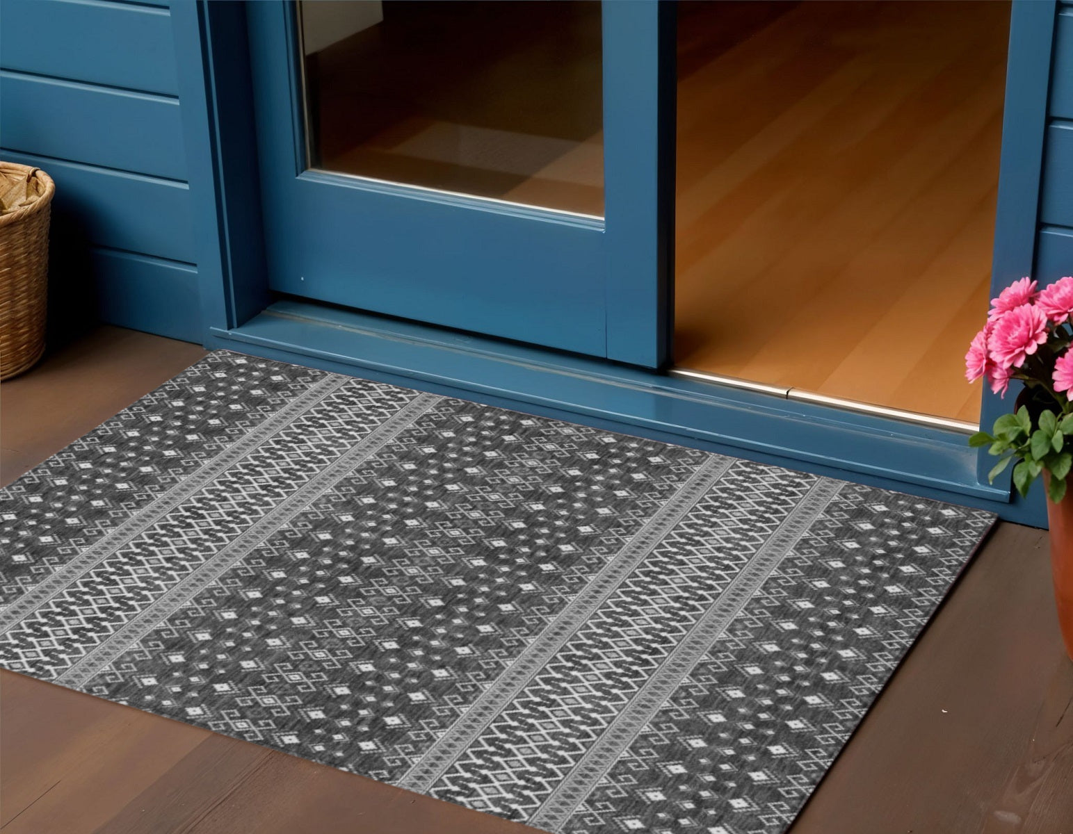 3' X 5' Gray Silver And Charcoal Tribal Washable Indoor Outdoor Area Rug
