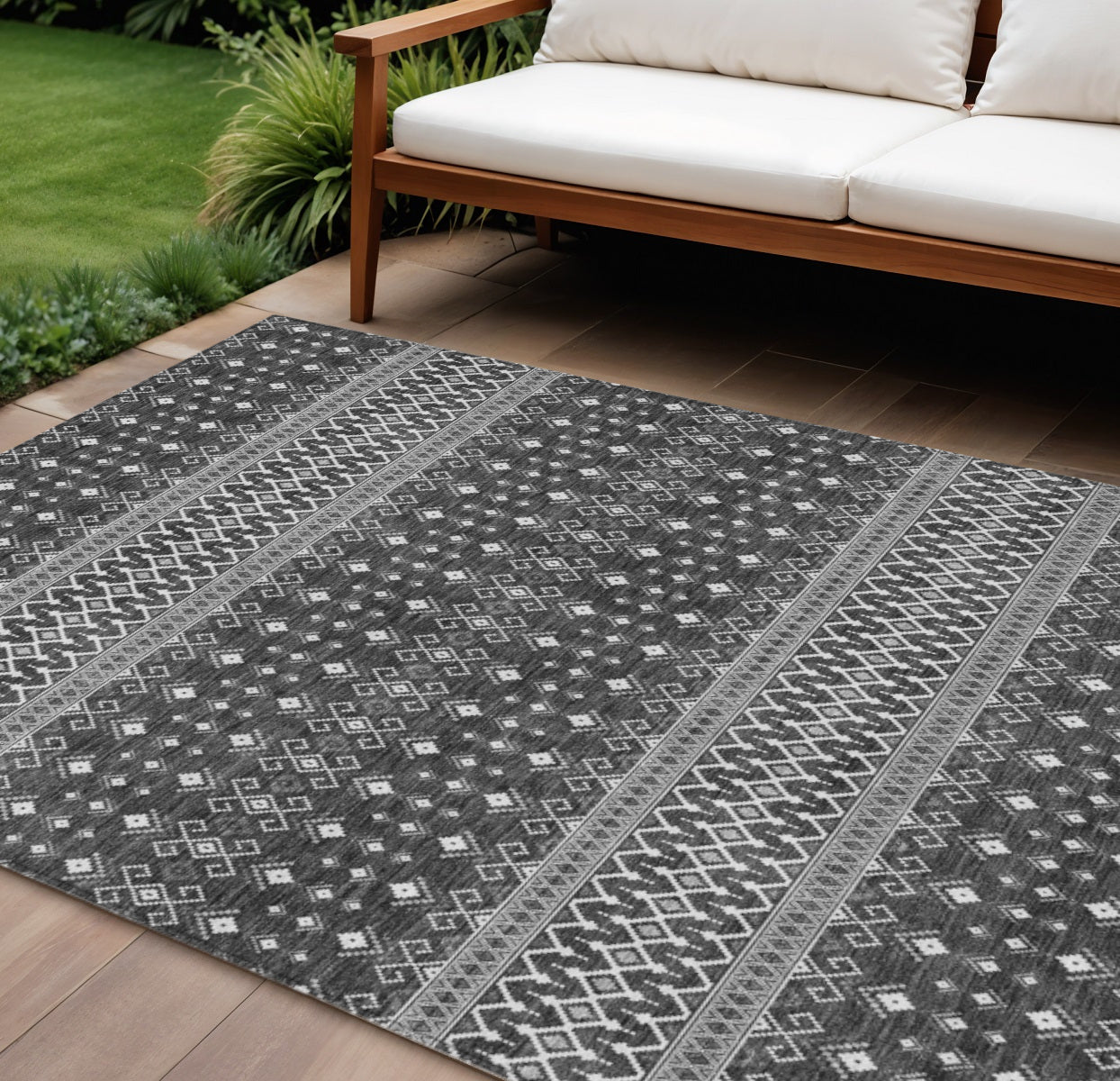 9' X 12' Gray Silver And Charcoal Tribal Washable Indoor Outdoor Area Rug