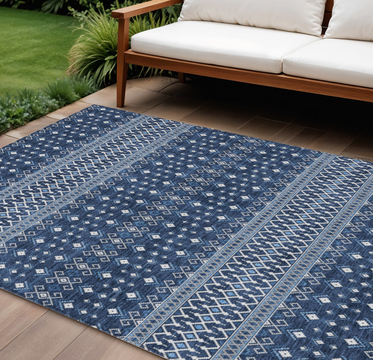 9' X 12' Navy Blue And Denim Blue Tribal Washable Indoor Outdoor Area Rug