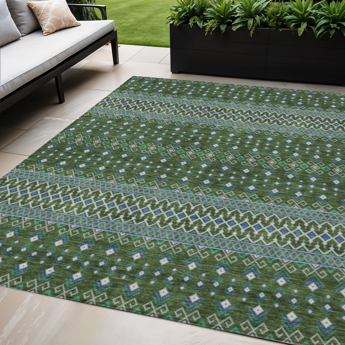 5' X 8' Olive Green And Blue Tribal Washable Indoor Outdoor Area Rug