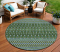 8' Olive Green And Blue Round Tribal Washable Indoor Outdoor Area Rug