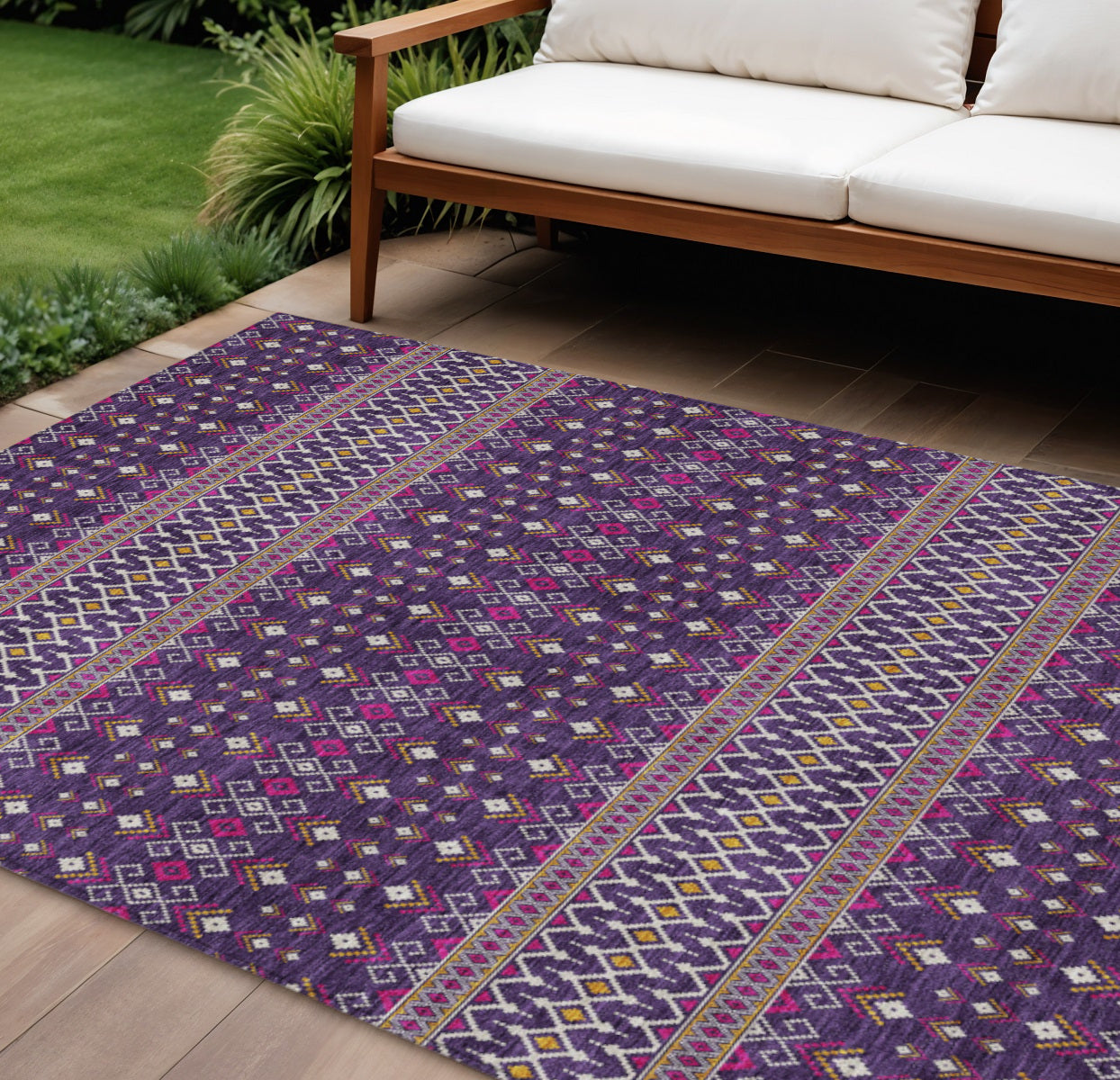 9' X 12' Purple Pink And Yellow Tribal Washable Indoor Outdoor Area Rug