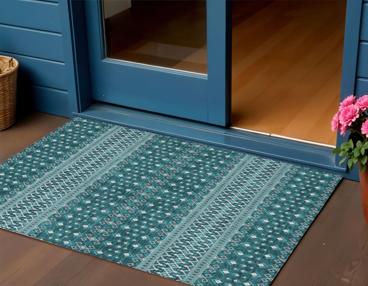 3' X 5' Teal Blue Aqua And Ivory Tribal Washable Indoor Outdoor Area Rug