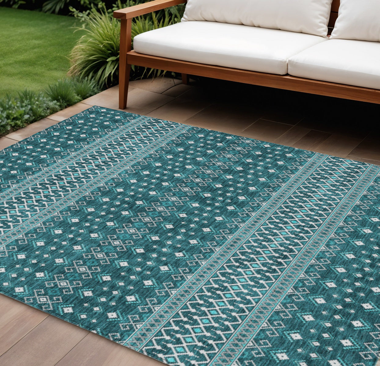 9' X 12' Teal Blue Aqua And Ivory Tribal Washable Indoor Outdoor Area Rug
