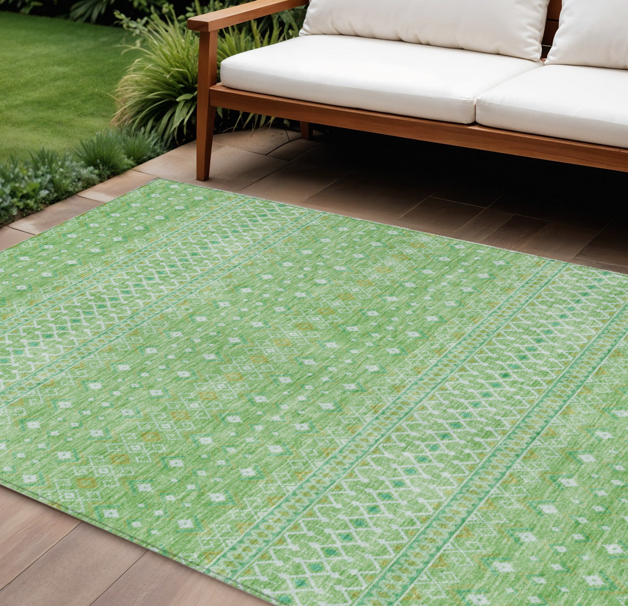 9' X 12' Green And Mint Green Tribal Washable Indoor Outdoor Area Rug