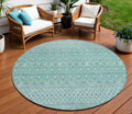 8' Aqua Teal Blue And Ivory Round Tribal Washable Indoor Outdoor Area Rug