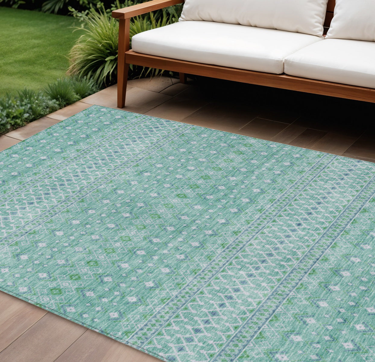 9' X 12' Aqua Teal Blue And Ivory Tribal Washable Indoor Outdoor Area Rug