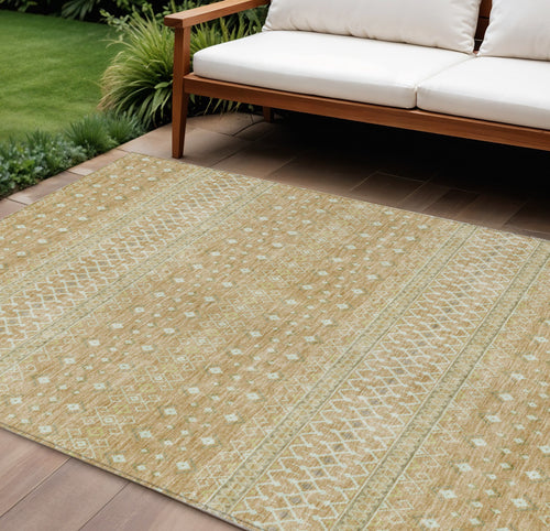 10' X 14' Copper Ivory And Olive Green Tribal Washable Indoor Outdoor Area Rug