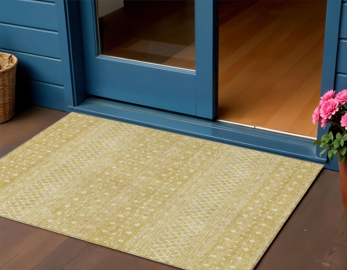 3' X 5' Gold Ivory And Taupe Tribal Washable Indoor Outdoor Area Rug