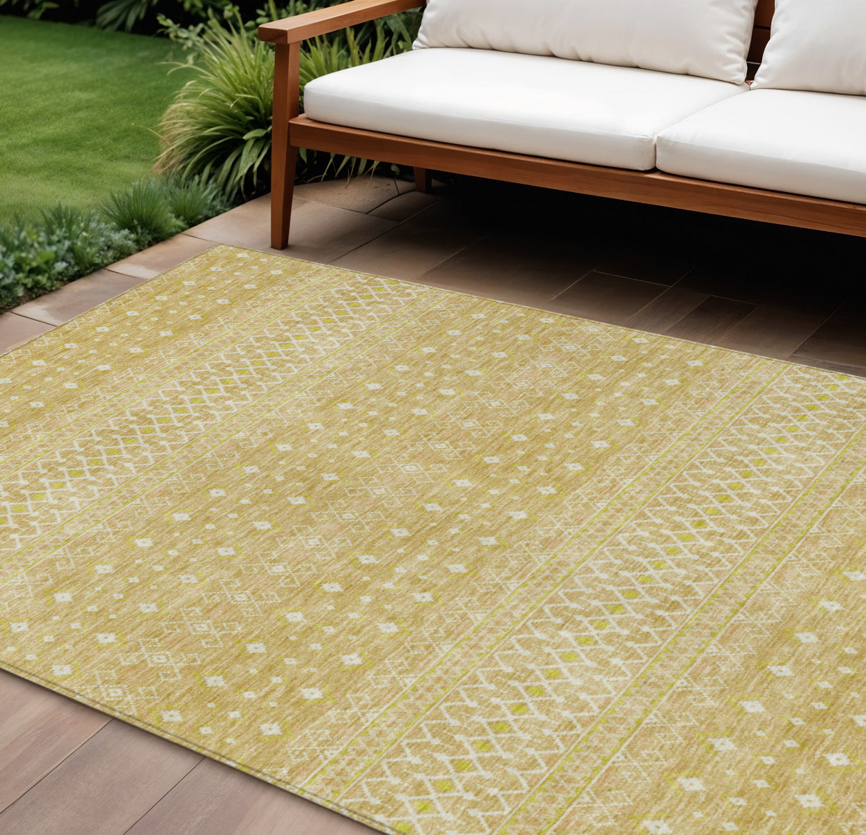8' X 10' Gold Ivory And Taupe Tribal Washable Indoor Outdoor Area Rug