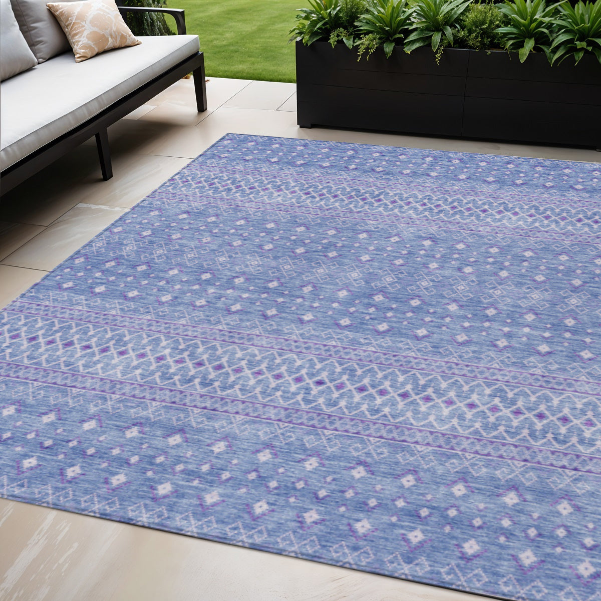 5' X 8' Sky Blue Purple And Ivory Tribal Washable Indoor Outdoor Area Rug