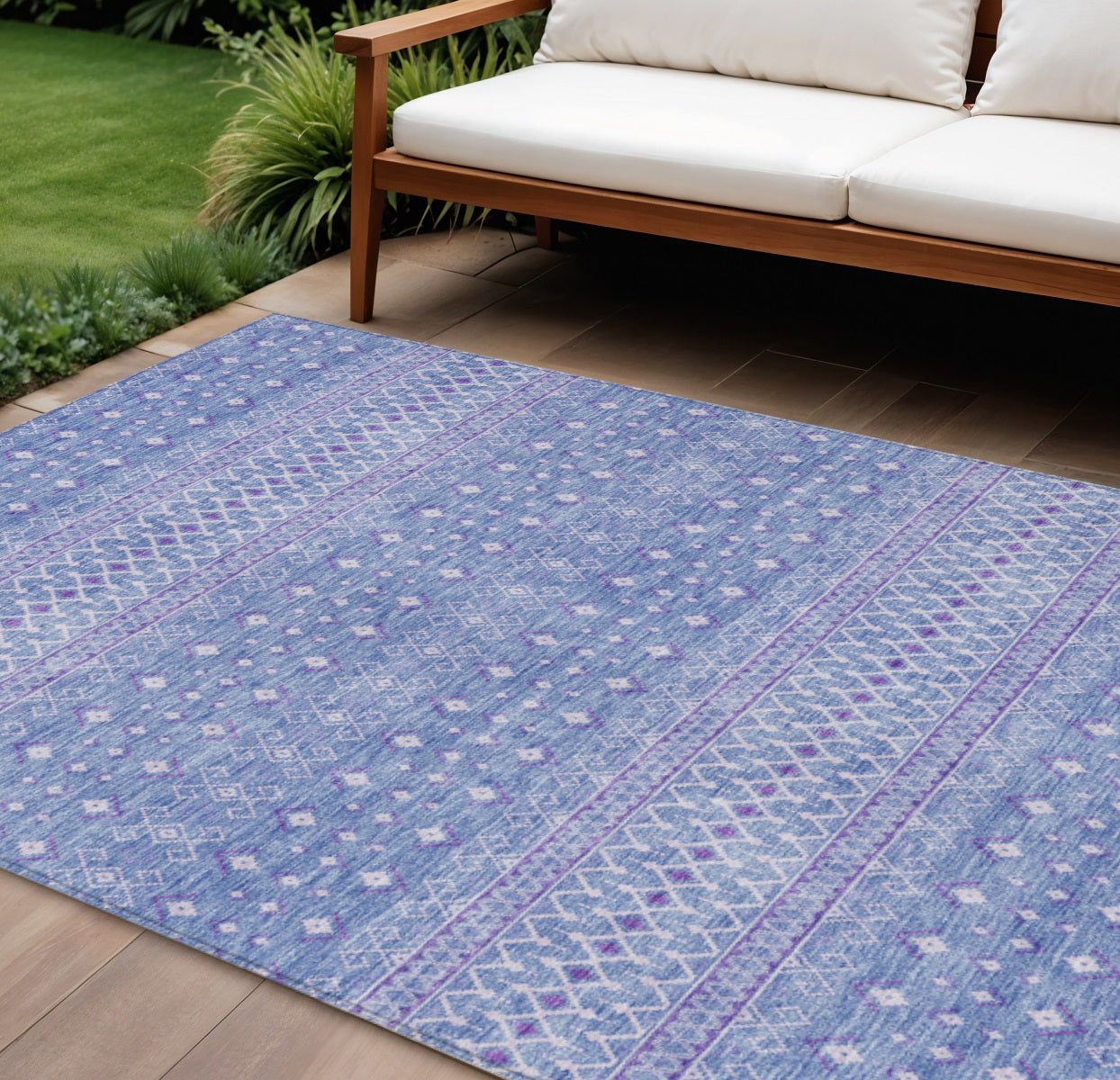 9' X 12' Sky Blue Purple And Ivory Tribal Washable Indoor Outdoor Area Rug