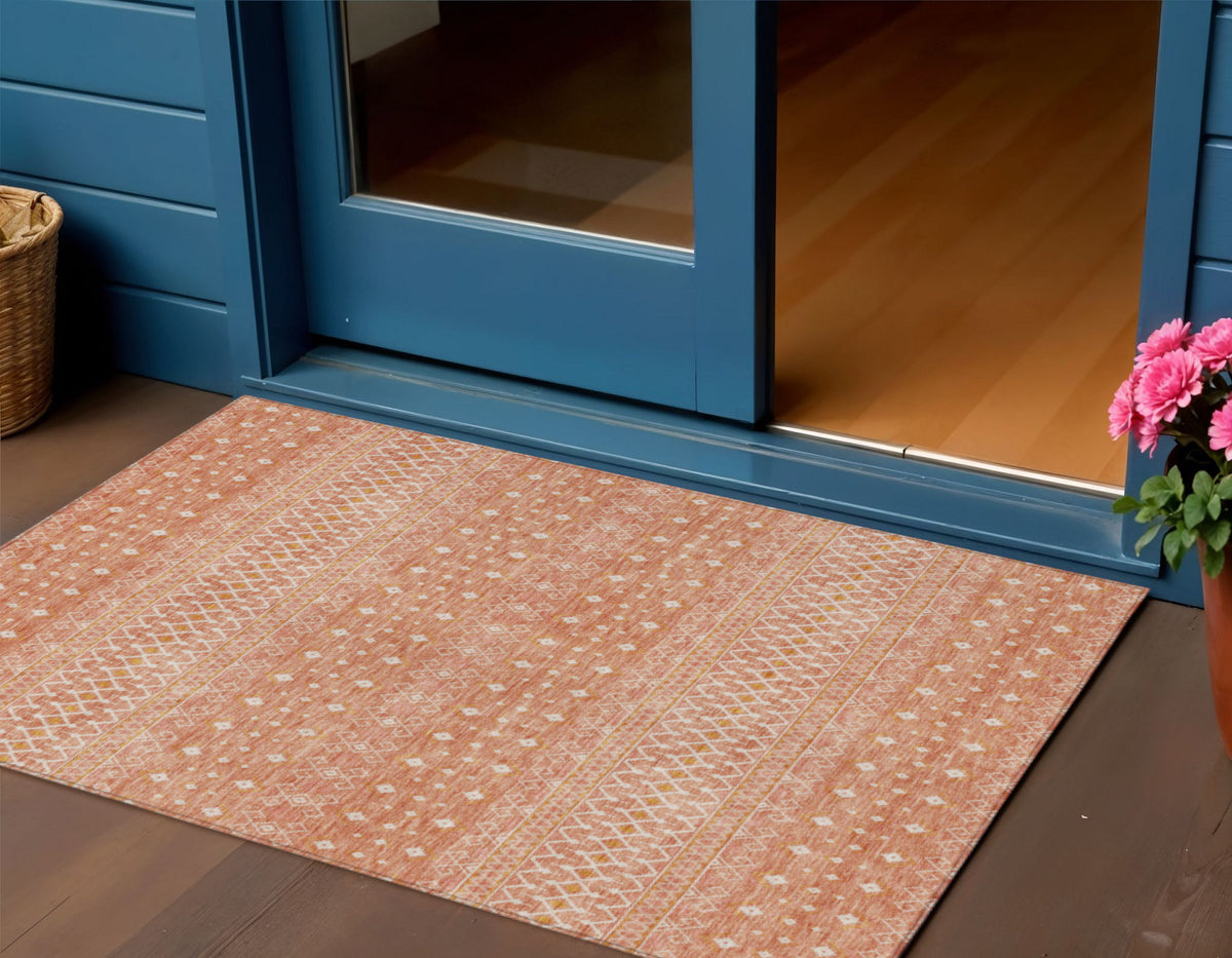 3' X 5' Salmon Gold And Ivory Tribal Washable Indoor Outdoor Area Rug