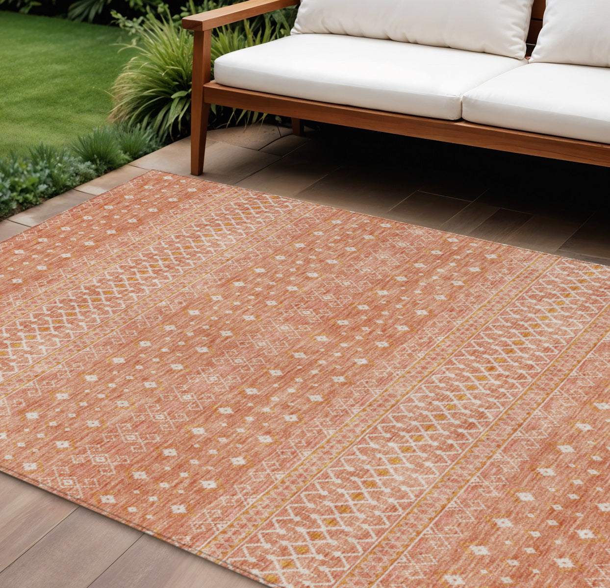 9' X 12' Salmon Gold And Ivory Tribal Washable Indoor Outdoor Area Rug