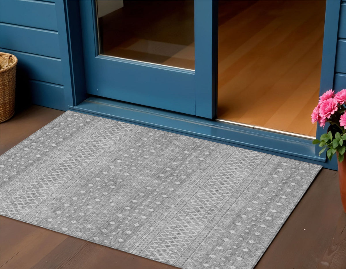 3' X 5' Silver Gray And Ivory Tribal Washable Indoor Outdoor Area Rug