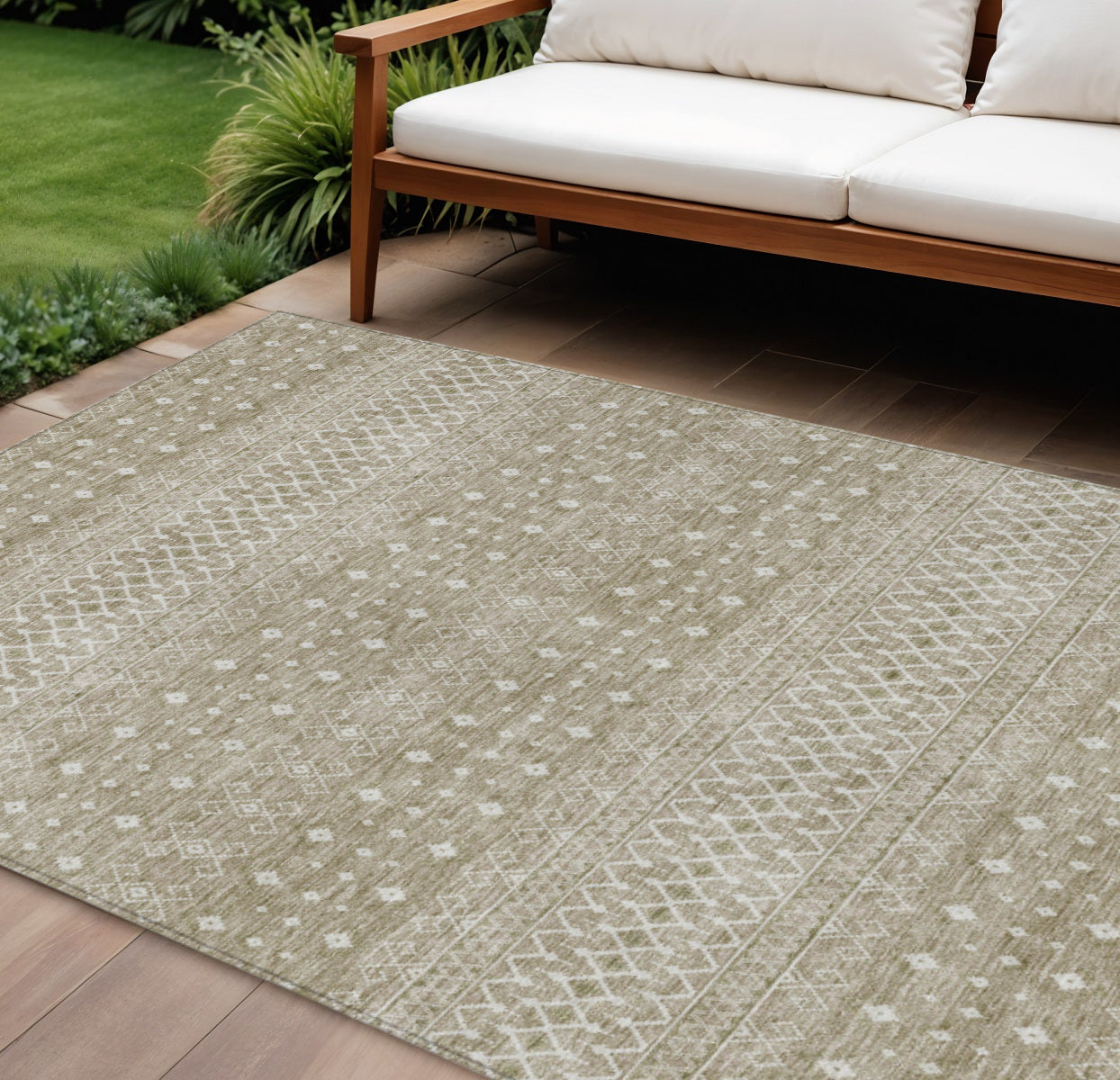 9' X 12' Taupe Green And Ivory Tribal Washable Indoor Outdoor Area Rug