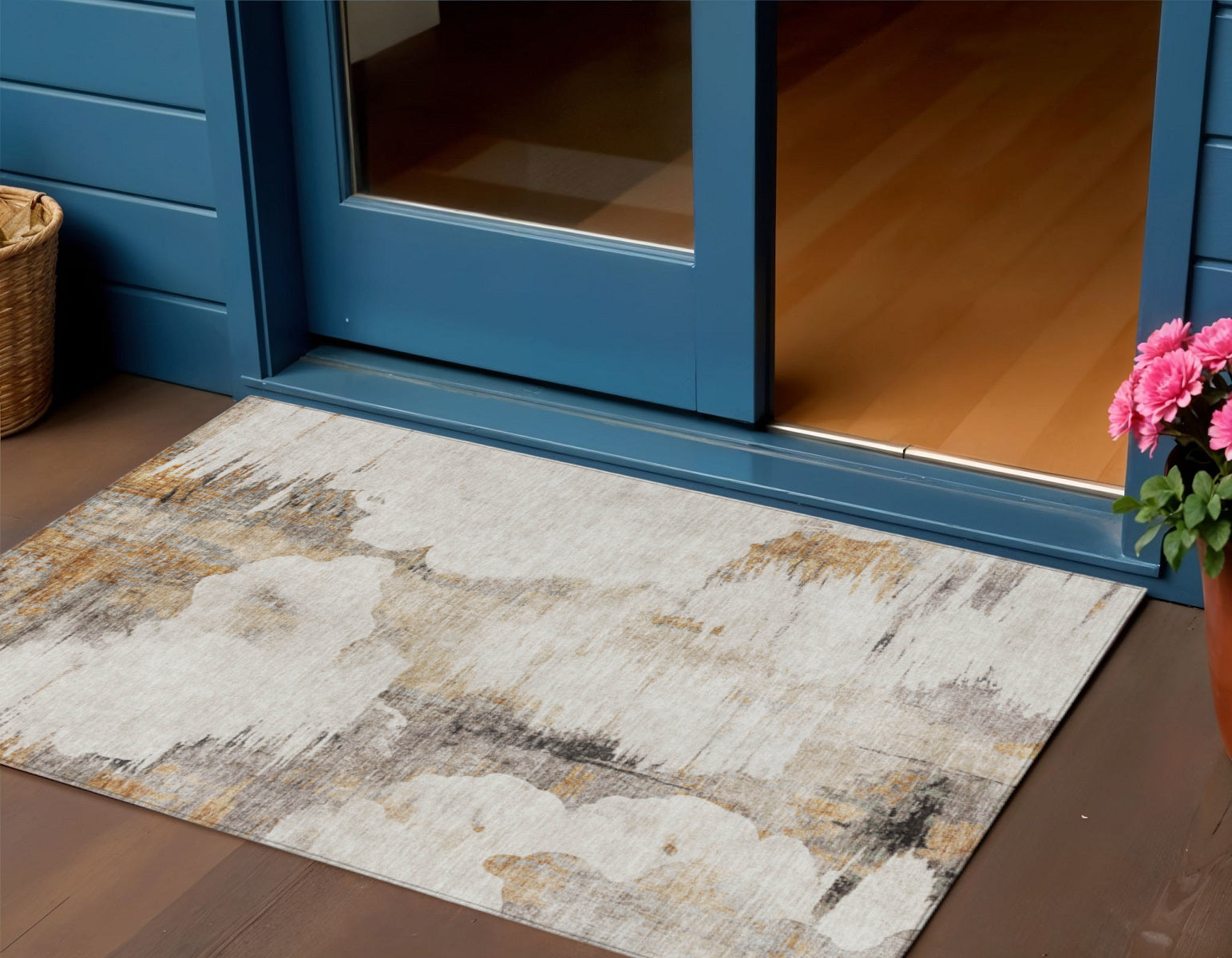 3' X 5' Beige Ivory And Taupe Abstract Washable Indoor Outdoor Area Rug