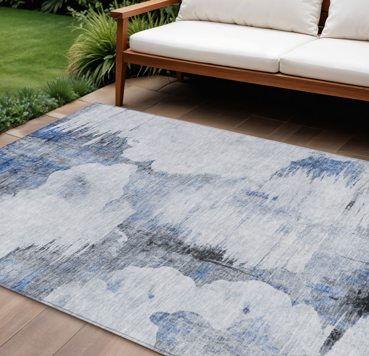 9' X 12' Navy Blue And Ivory Abstract Washable Indoor Outdoor Area Rug