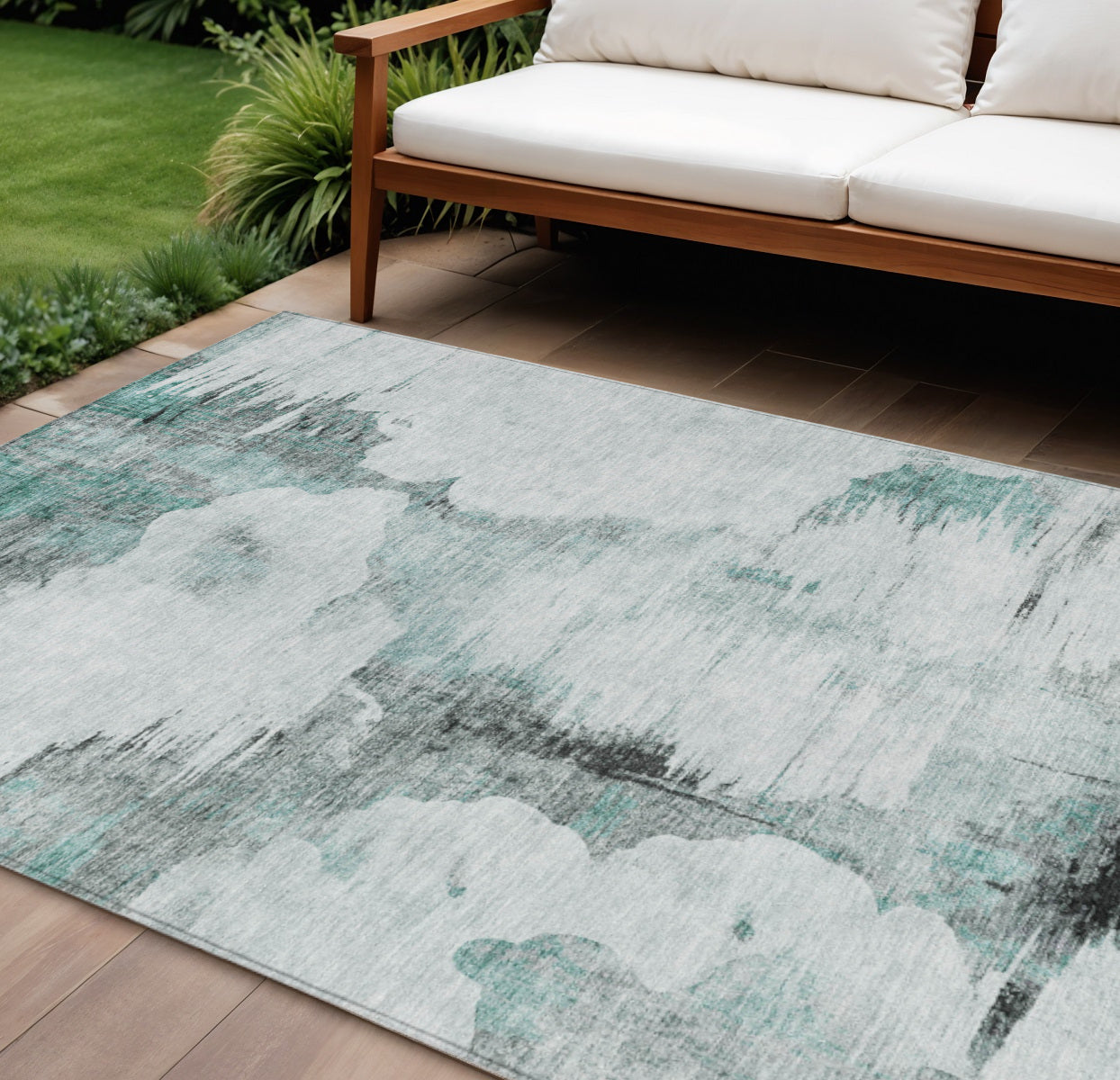 9' X 12' Teal Blue Silver And Gray Abstract Washable Indoor Outdoor Area Rug