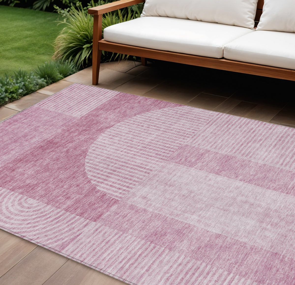 9' X 12' Blush Pink And Mauve Geometric Washable Indoor Outdoor Area Rug