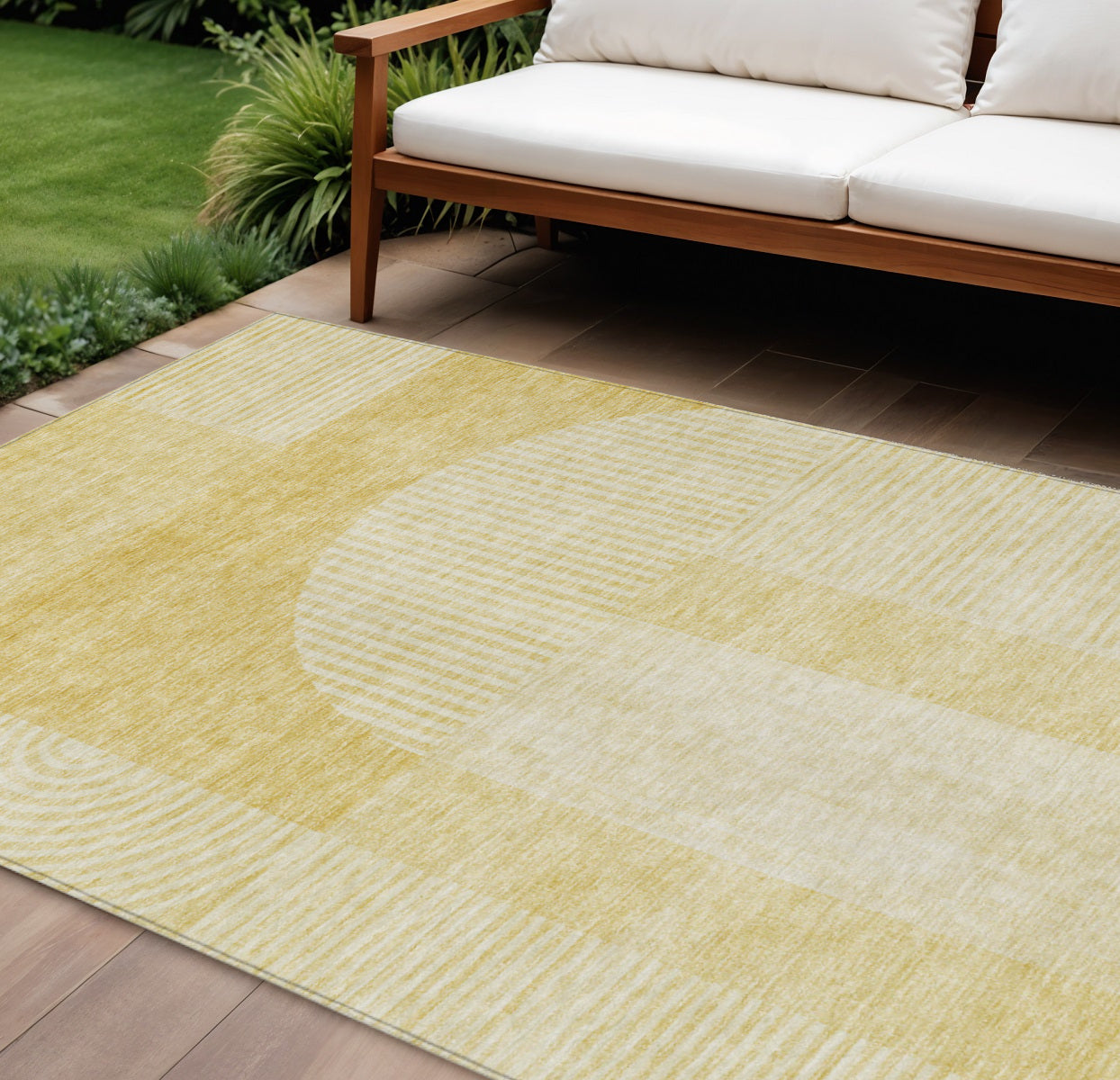 10' X 14' Gold Ivory And Yellow Geometric Washable Indoor Outdoor Area Rug