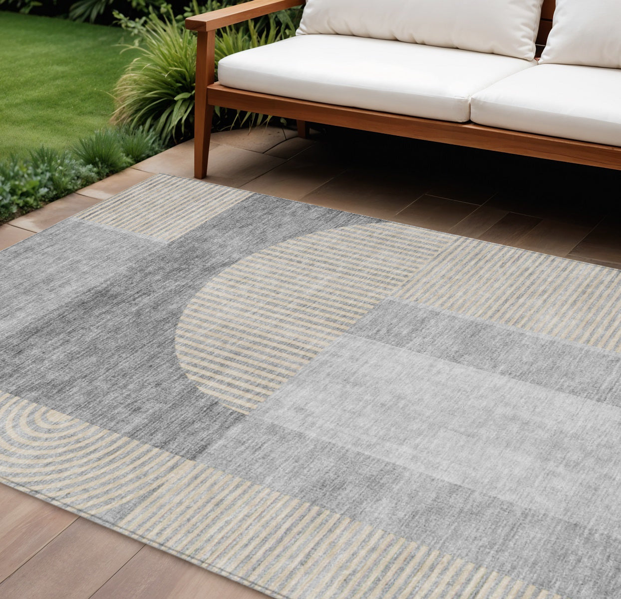 9' X 12' Silver Gray And Beige Geometric Washable Indoor Outdoor Area Rug