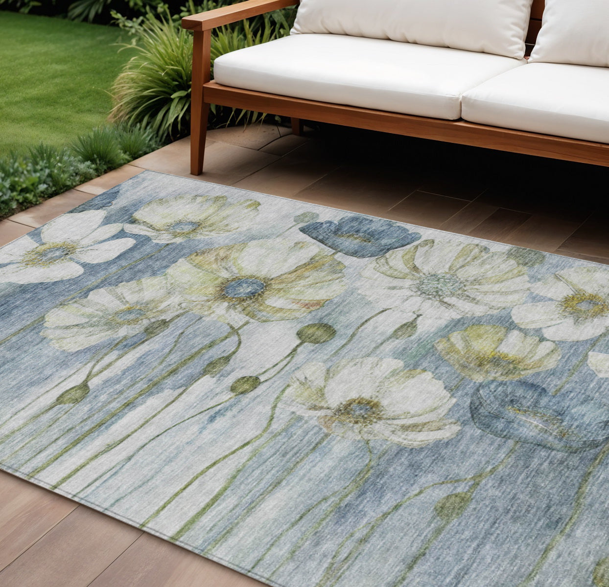 9' X 12' Denim Blue And Sky Blue Floral Washable Indoor Outdoor Area Rug