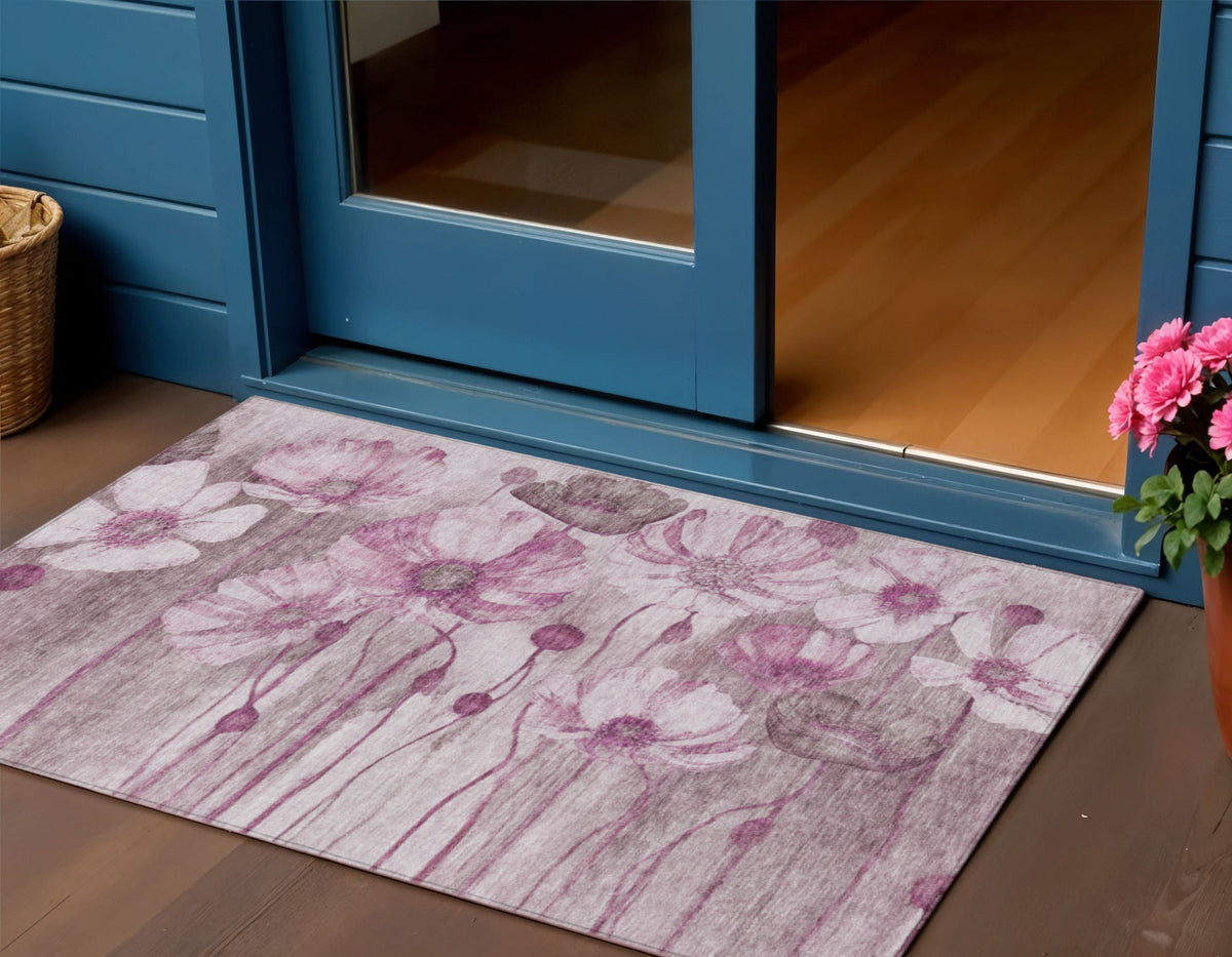 3' X 5' Plum Mauve And Pink Floral Washable Indoor Outdoor Area Rug