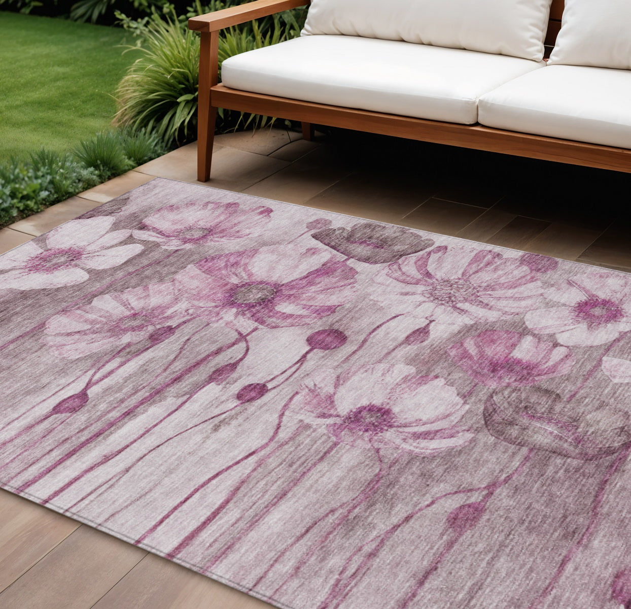 9' X 12' Plum Mauve And Pink Floral Washable Indoor Outdoor Area Rug