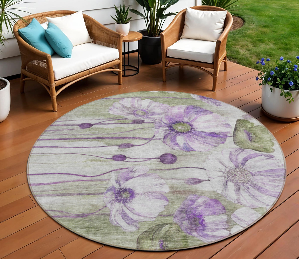 8' Purple And Lavender Round Floral Washable Indoor Outdoor Area Rug