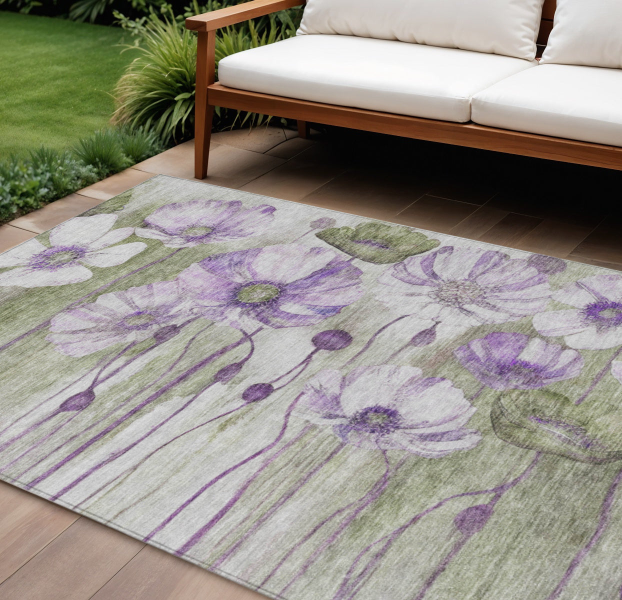 10' X 14' Purple And Lavender Floral Washable Indoor Outdoor Area Rug