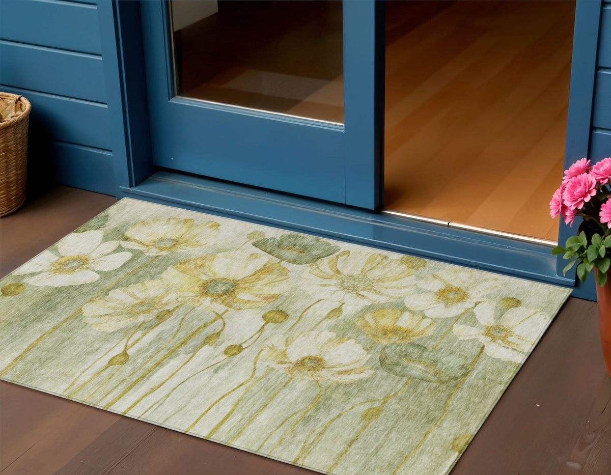 3' X 5' Sage Fern Green And Ivory Floral Washable Indoor Outdoor Area Rug