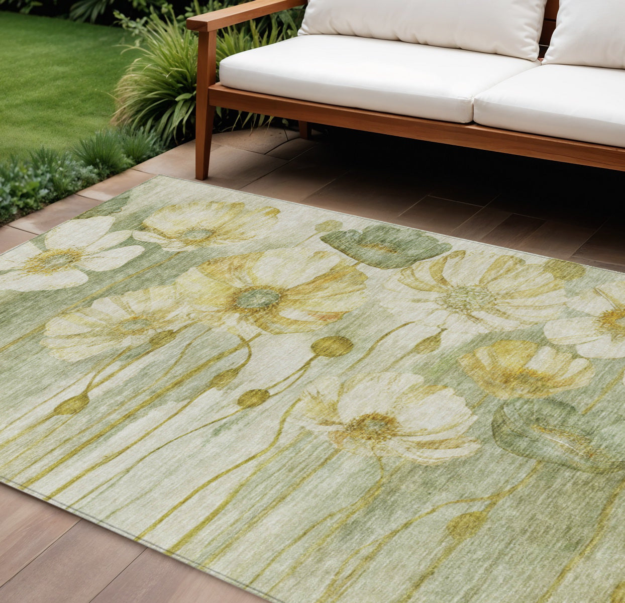 10' X 14' Sage Fern Green And Ivory Floral Washable Indoor Outdoor Area Rug