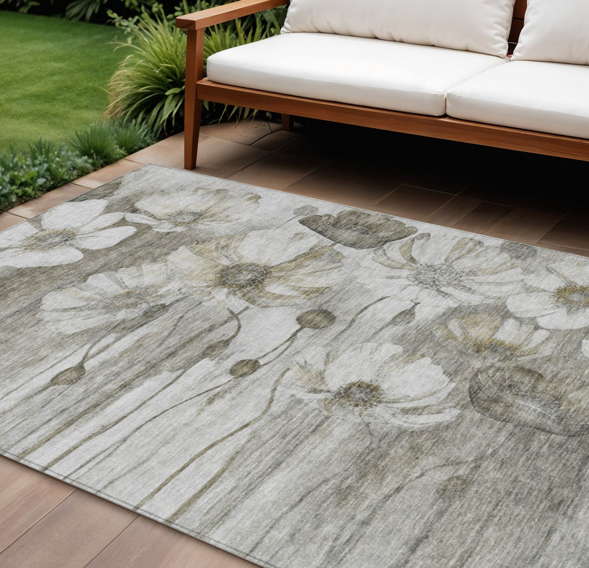 9' X 12' Taupe Ivory And Tan Floral Washable Indoor Outdoor Area Rug
