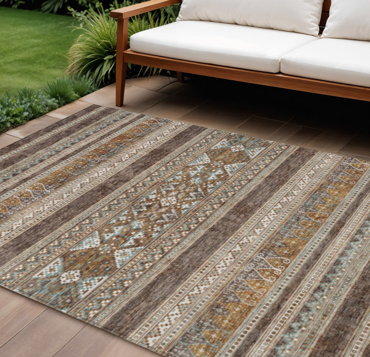 9' X 12' Chocolate And Gray Southwestern Washable Indoor Outdoor Area Rug