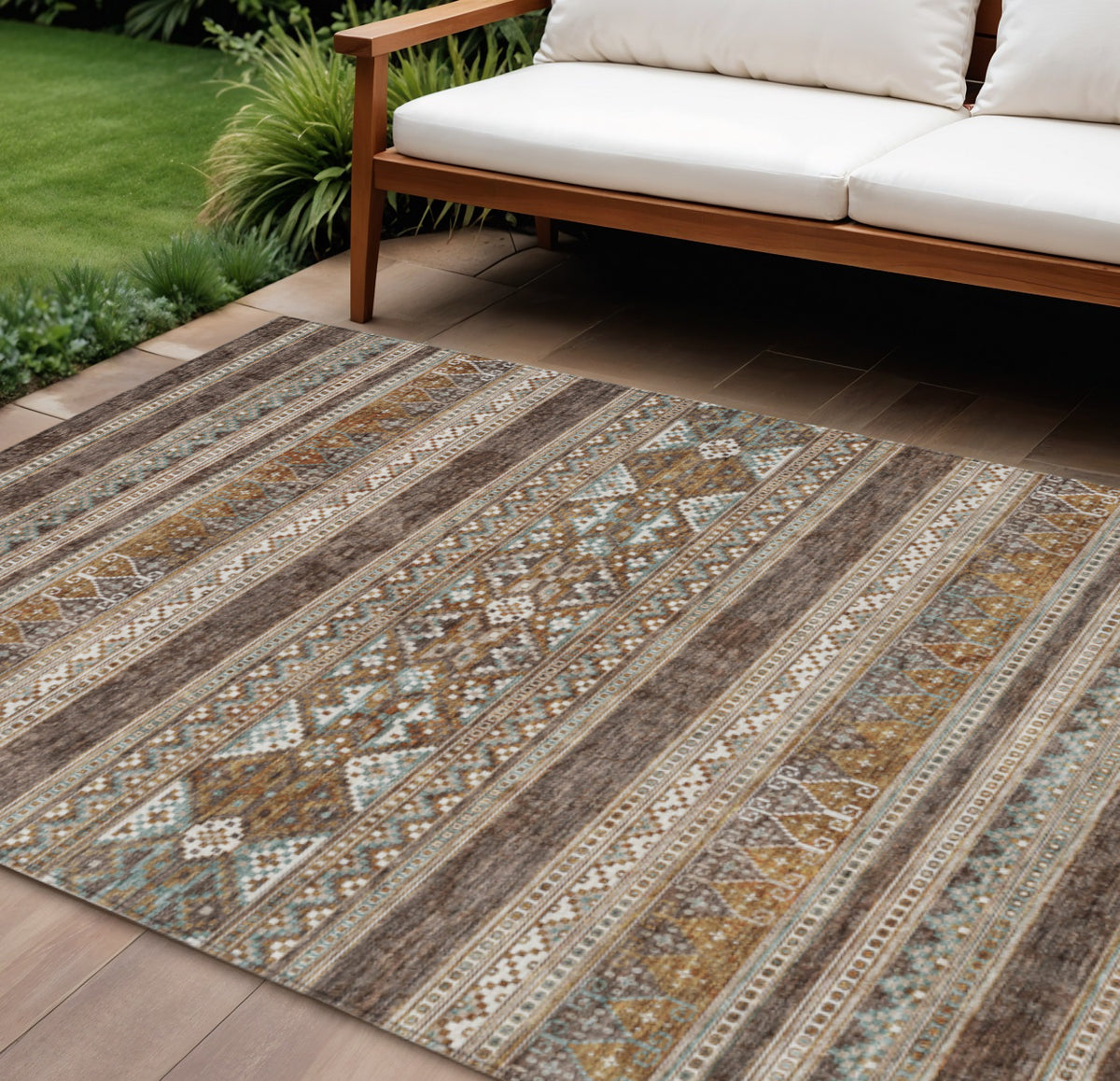 10' X 14' Chocolate And Gray Southwestern Washable Indoor Outdoor Area Rug