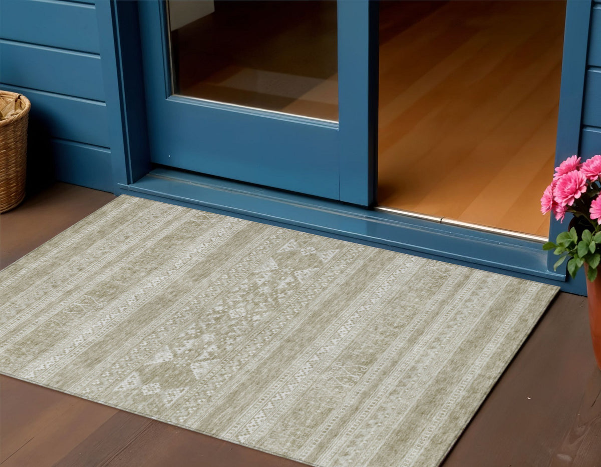 3' X 5' Khaki Taupe And Ivory Southwestern Washable Indoor Outdoor Area Rug
