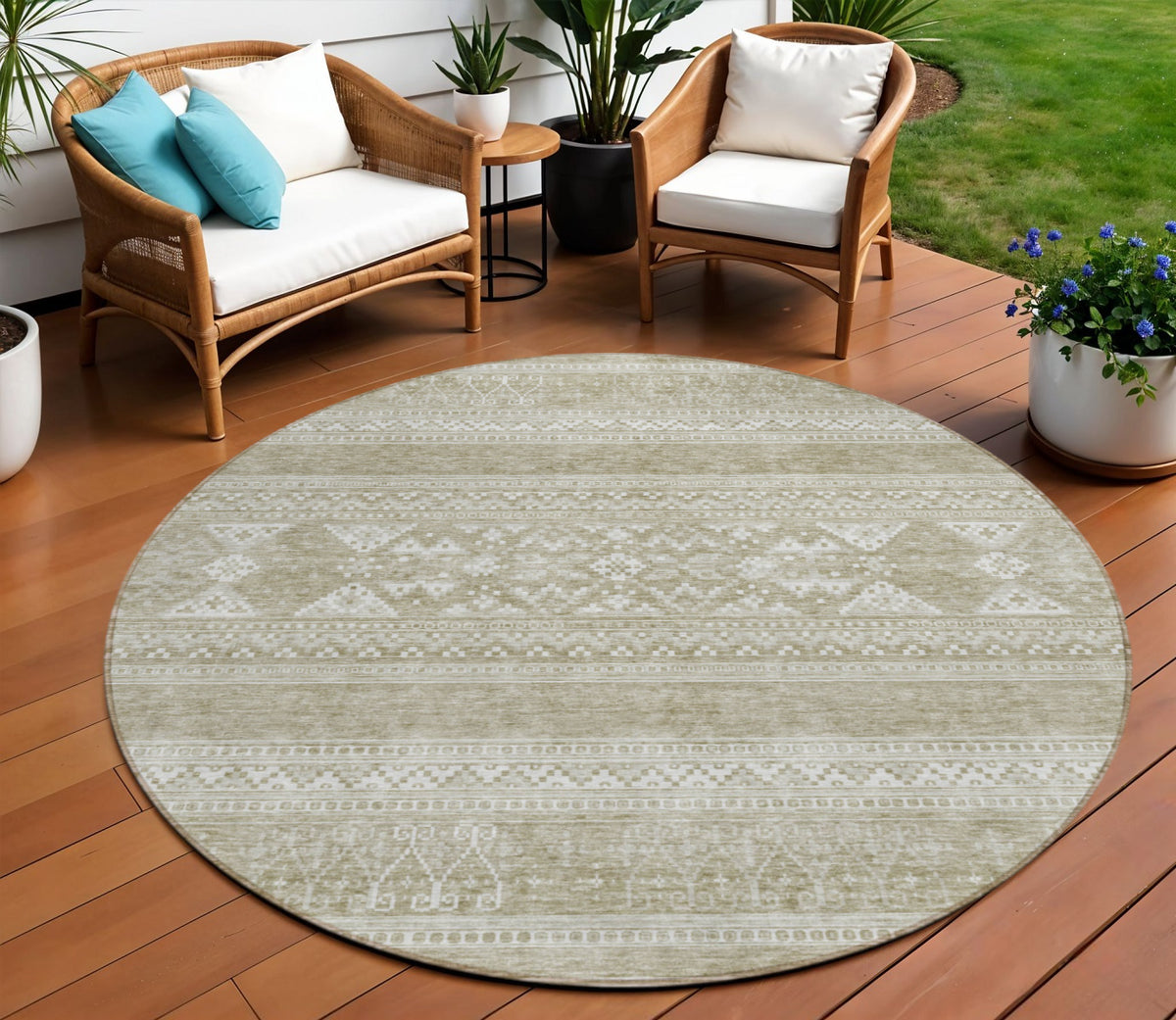 8' Khaki Taupe And Ivory Round Southwestern Washable Indoor Outdoor Area Rug