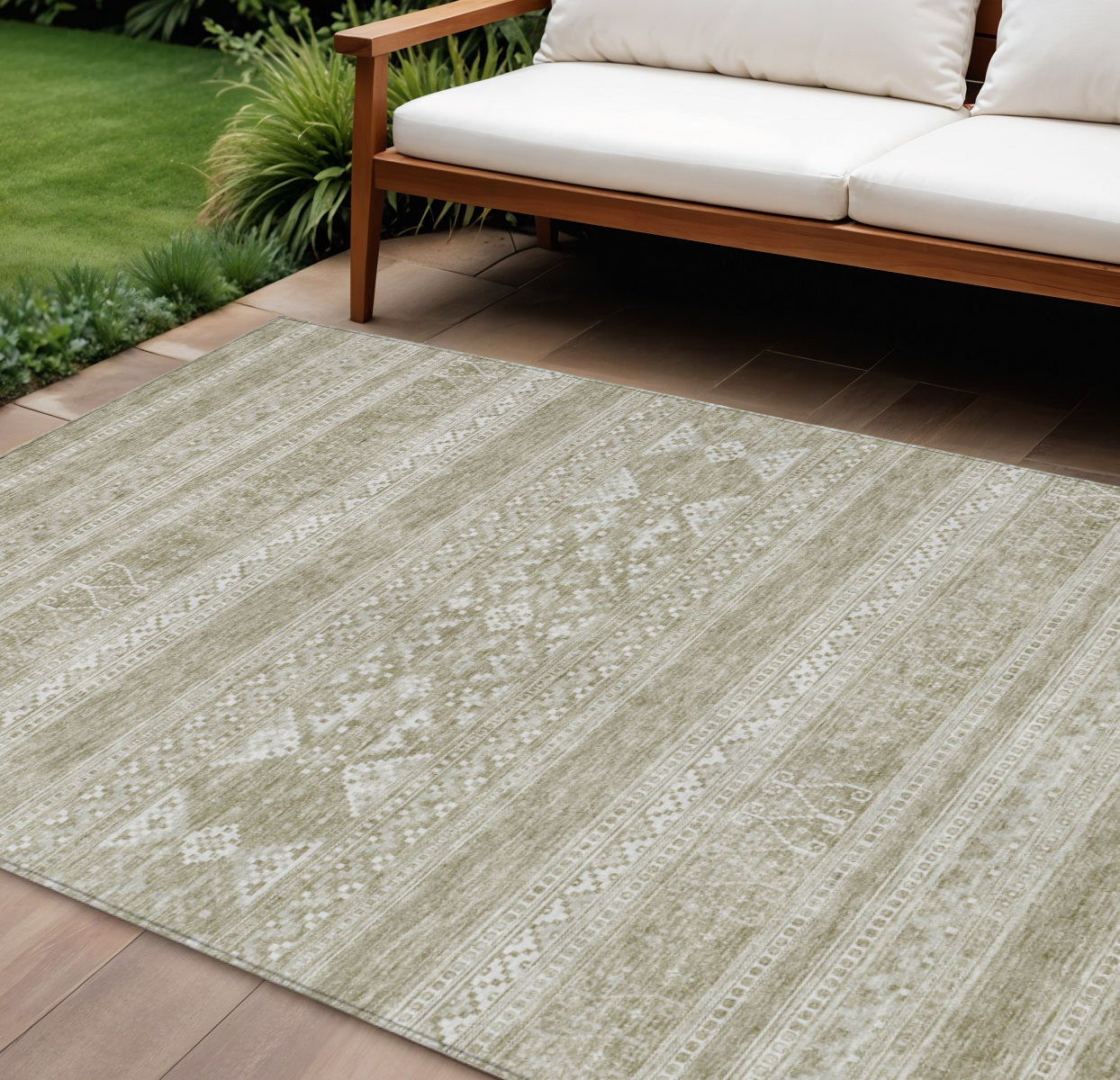 9' X 12' Khaki Taupe And Ivory Southwestern Washable Indoor Outdoor Area Rug