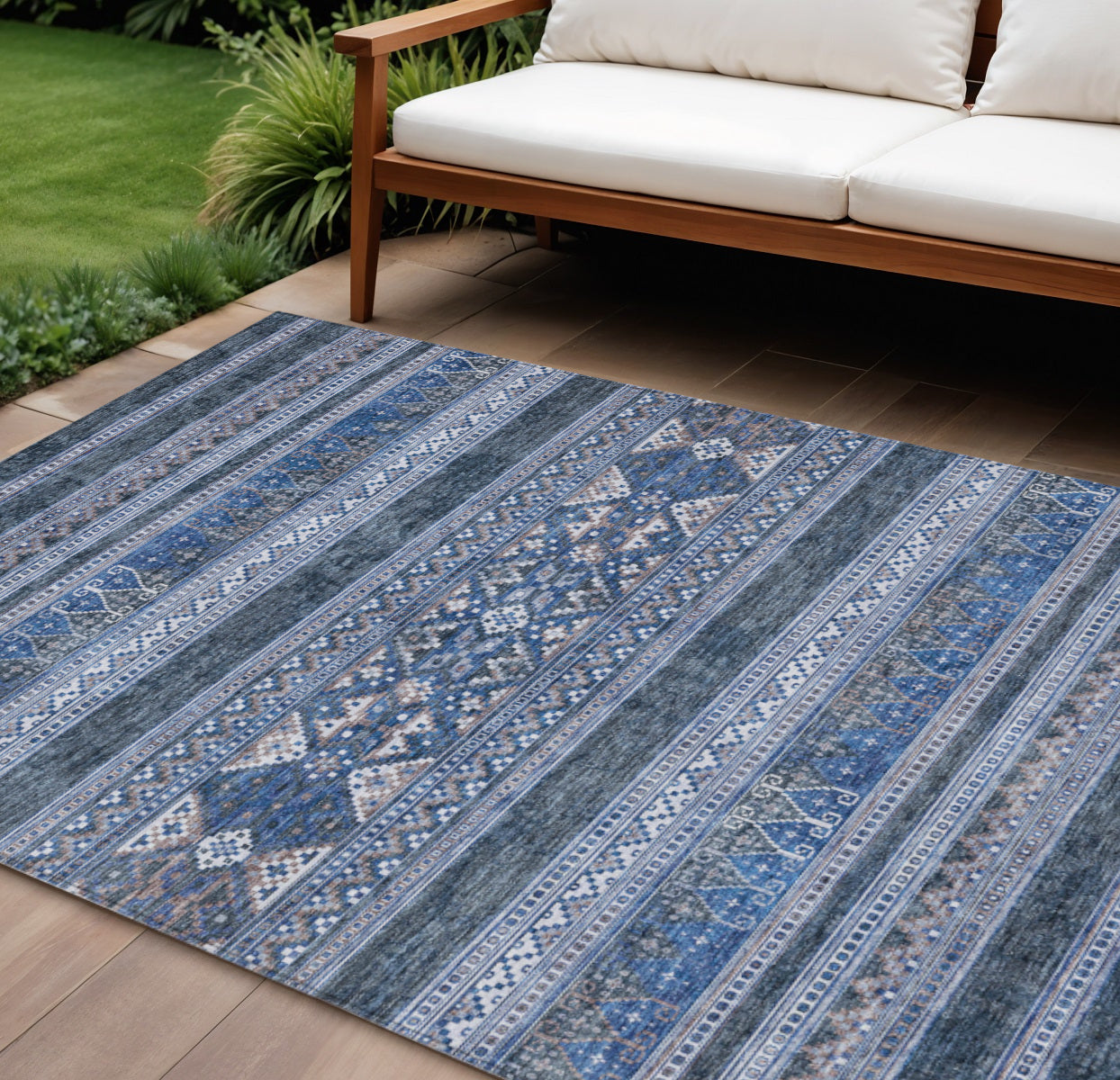 9' X 12' Navy Blue And Denim Blue Southwestern Washable Indoor Outdoor Area Rug