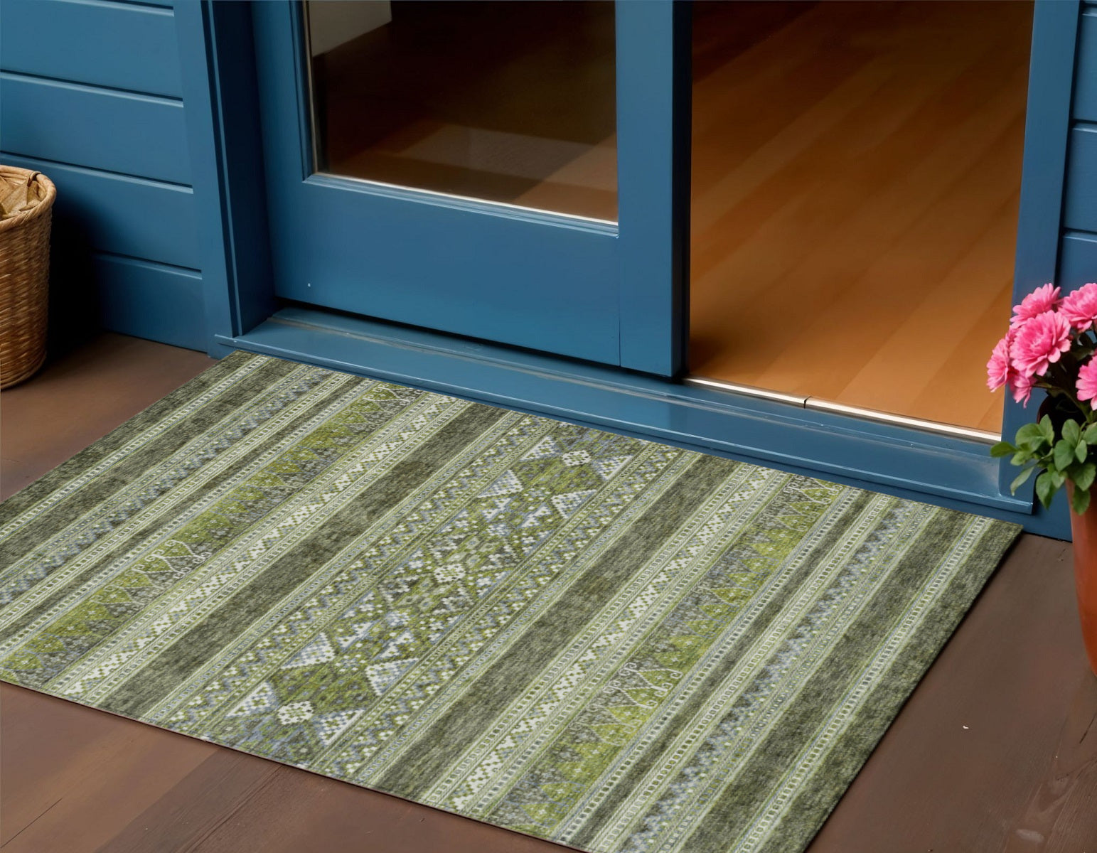 3' X 5' Olive Green And Artichoke Green Southwestern Washable Indoor Outdoor Area Rug